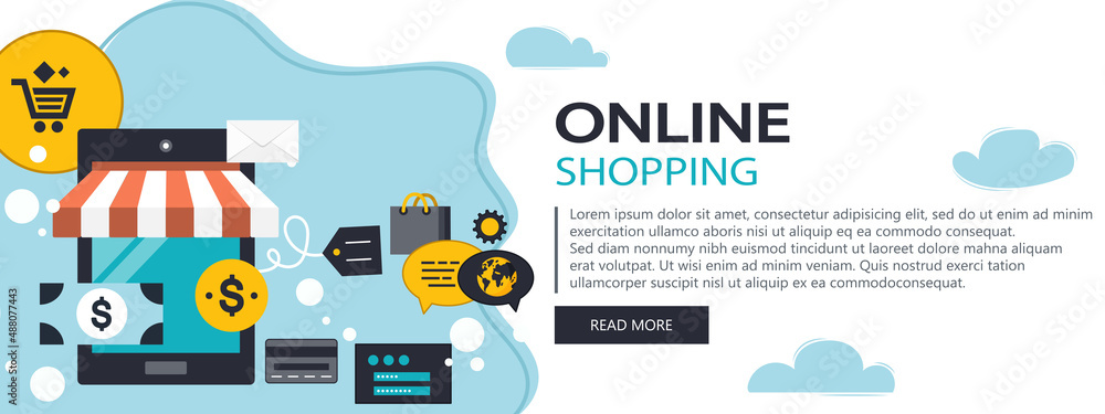 Wall mural on line shopping and payment methods. mobile payments. pay per click and online order. flat vector i