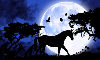 Horse Animal Silhouette under full Moon at night illustration