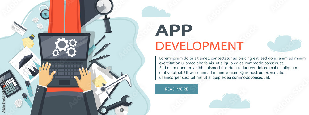 Wall mural mobile application and mobile app development concept. project development and business ideas. flat 