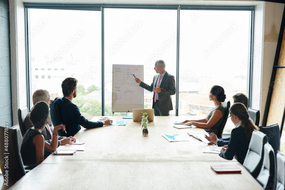Poster Getting everyone on board with the project. Shot of a group of executives having a meeting in a boardroom.
