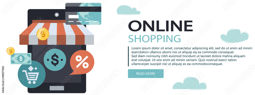 Wall mural on line shopping and payment methods. mobile payments. pay per click and online order. flat vector i
