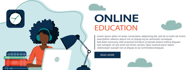 Concept illustration of online courses, distance studying, self education, digital library. E-learning banner. Online education. Vector illustration in flat style. Website banner