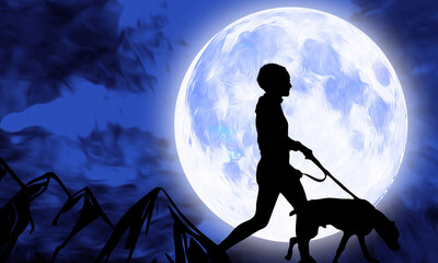 Dog walker man  Silhouette under full Moon at night illustration