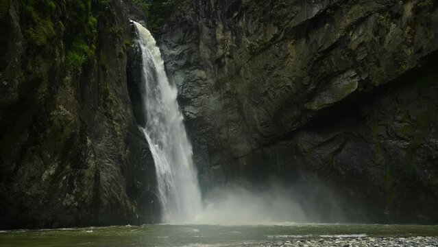 Video 4K shows huge dominican wildlife waterfall. In carribbean island of Dominican republic.