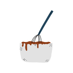 Bowl with hot chocolate and whisk. Vector illustration hand drawn style