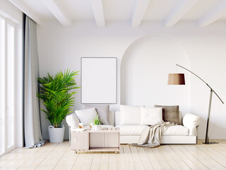 Fototapeta na wymiar Modern beautiful interior of the room with light walls, large windows and stylish furniture. Bright design in Scandinavian style. 3D rendering