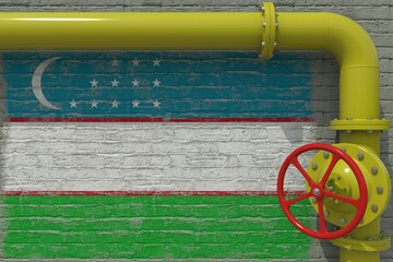 Painted flag of Uzbekistan and yellow pipe with valve, 3d rendering