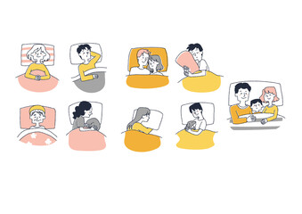 幸せな睡眠をとる人々　コミカルな手書きの人物イラスト　ベクター線画にシンプルな色つけ　白バック

