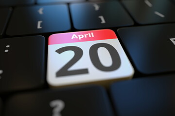 April 20 date on a keyboard key, 3d rendering
