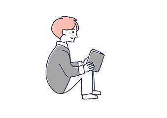本を読んでいる男性　コミカルな手書きの人物　ベクター、線画にシンプルな色つけ　
