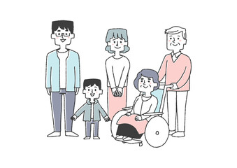 五人家族　コミカルな手書きの人物イラスト　ベクター線画にシンプルな色つけ　白バック
