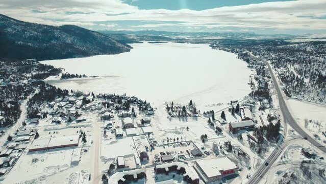 Shadow Mountain Lake, Grand Lake, Colorado. Drone Aerial View Of Frozen Lake Covered In Snow In Bright Daylight.