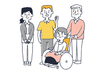 車椅子に乗った高齢女性と家族と介護士　コミカルな手書きの人物イラスト　ベクター線画にシンプルな色つけ

