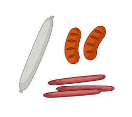 Set of meat smoked and boiled sausages and frankfurters. Vector illustration in cartoon childish style. Isolated funny clipart on white background. cute print.