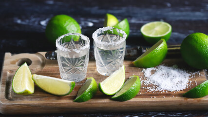 Selective focus. Glasses of tequila with salt and lime. White tequila.