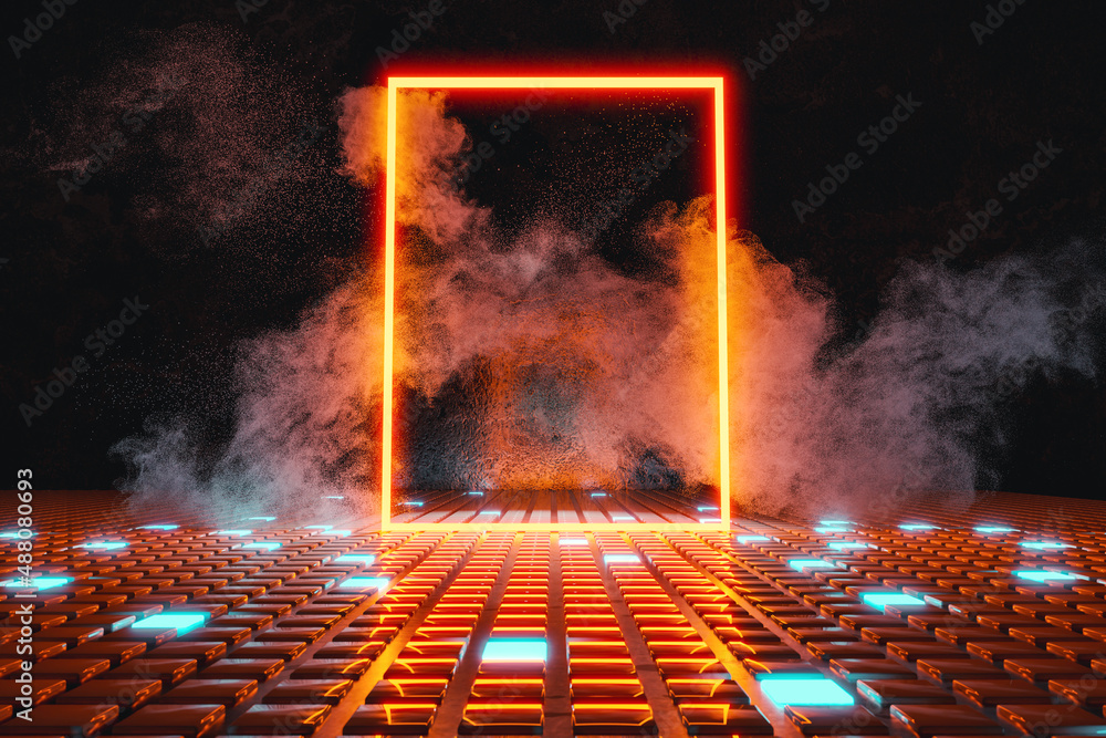 Poster 3d rendering of yellow neon rectangle frame on blue button floor and surrounded by smoke