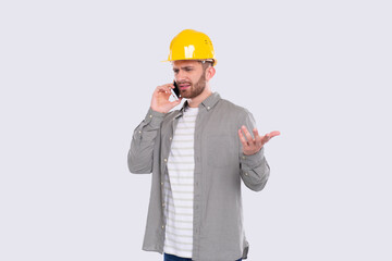 Construction Worker Talking on Phone Angry Standing Isolated. Commecial, Shopping, Advertisment Concept. Technology