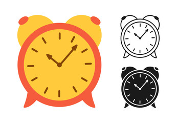 Alarm clock icon cartoon drawn or stamp, doodle line set. Watch time simple flat symbol. Wake up hour, old vintage clock sign. Vector design for mobile apps, web and print media