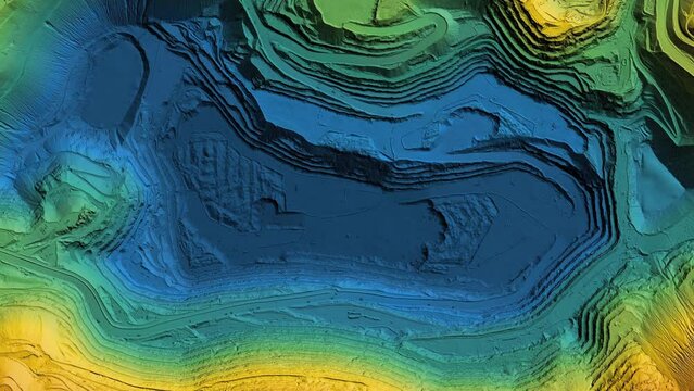 Animation of a mine elevation. GIS product made after processing aerial data taken from a drone. It shows excavation site with steep rock walls - Powered by Adobe