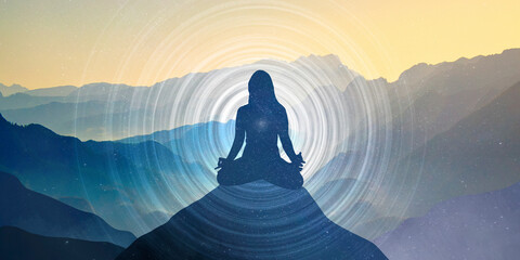 Yoga meditation hands woman in yoga lotus pose with aura, spiritual symbols, balancing your life in nature concept.