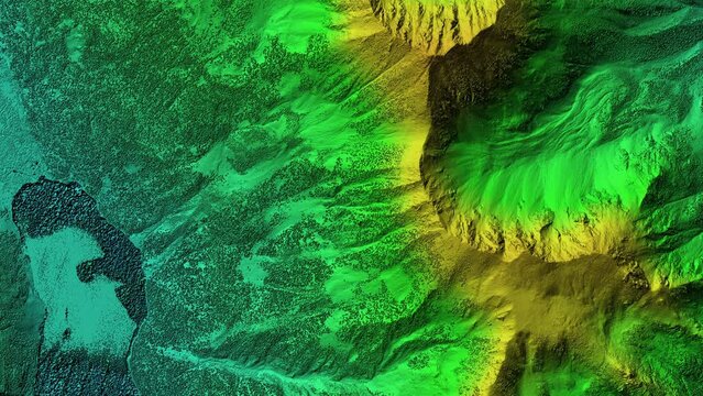 Digital elevation model. GIS product made after proccesing aerial pictures taken from a drone. It shows high rocky and steep mountain peaks. At their feet are visible valleys and mountain lakes