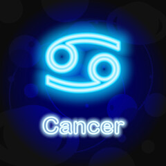 Zodiac cancer sign neon, modern glowing banner design, colorful modern design trend with space background. Vector illustration.