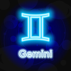 Zodiac gemini sign neon, modern glowing banner design, colorful modern design trend with space background. Vector illustration.