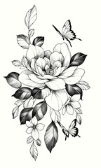 Flower and Leaves drawing Outline, Vector hand drawn, flower Black ink sketch