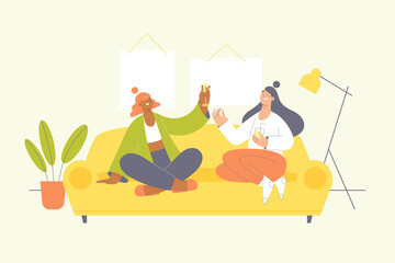 Two happy young women talking and drinking sitting on the sofa at home. Flat colorful vector illustration.
