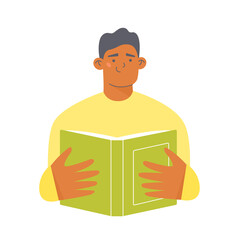 Young man reading a book Flat character vector illustration.
