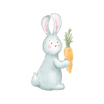 Hand painted bunny, rabbit with carrot. Illustration.