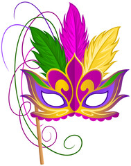 Vector illustration of a brightly-colored, ornate Mardi Gras mask with feathers. 