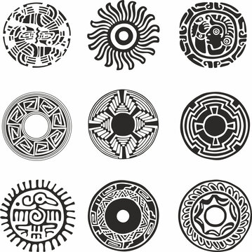 Vector round monochrome Indian character set. Totem in the circle of Native Americans. Signs and symbols of the peoples of South and Central America, Aztec, Maya, Incas.
