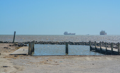 The Pilsner Boat Ramp at Port Bolivar. On the Gulf of Mexico,Bolivar Peninsula, Galveston County, Texas