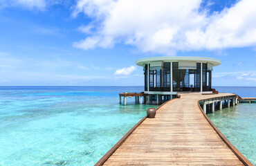 Maldives resort bridge. Water Bungalow, Water Villa
