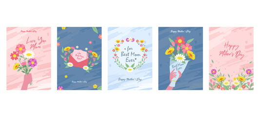 cute poster banner mother's day greeting card with hand bouquet flower love letter celebration