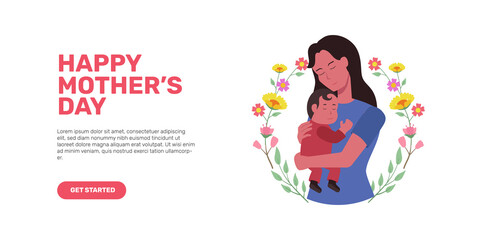 Illustration of mom hugging son or daughter on her arm for mother day greeting card concept