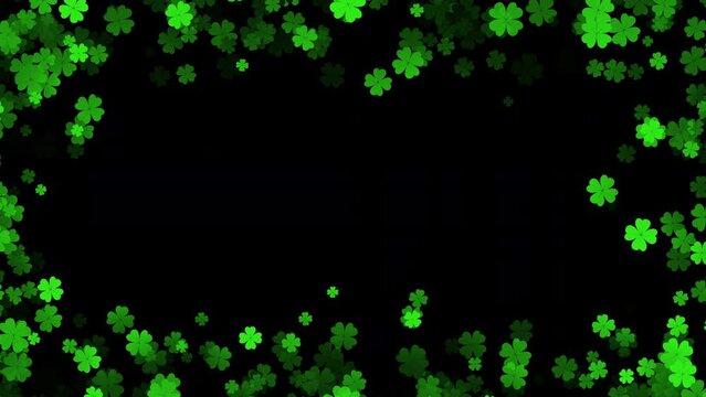 Frame made of four leaf clover flying in a seamless loop on transparent alpha channel background. Perfect for projects relates to Saint Patrick's Day events and greetings.