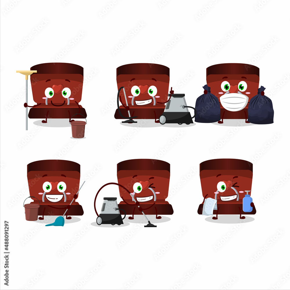 Poster Cleaning service red ring box cute cartoon character using mop