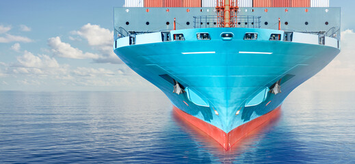 Front view of large blue container cargo ship in ocean waters. Performing cargo export and import...