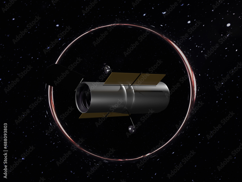 Wall mural space telescope hubble near black hole somewhere in outer space. 3d rendered illustration. elements 