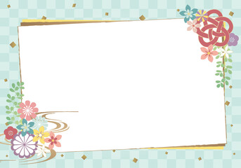 格子柄と花の背景フレーム