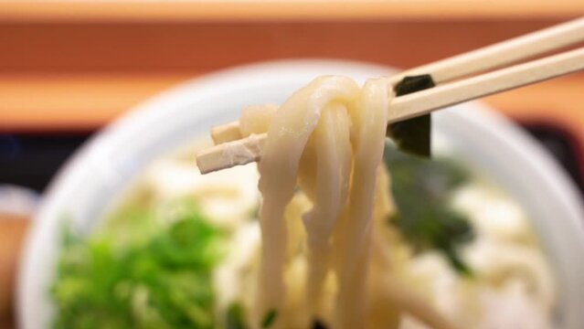 玉子うどんを食べる