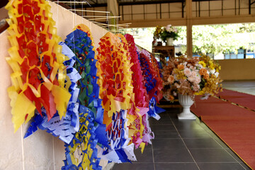 Small flags made of colorful paper for worshiping monks on important Buddhist festivals in northern...