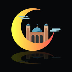 Cressent Moon with Mosque, Clouds, and Reflection below flat style clipart. best used to create poster, flyer and other event design in order to celebrate ramadhan countdown event within a few month.