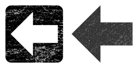 Vector arrow left carved pictogram. Grunge arrow left seal stamp, done from icon and rounded square. Rounded square stamp seal include arrow left cut out shape inside. Vector arrow left grunge images.