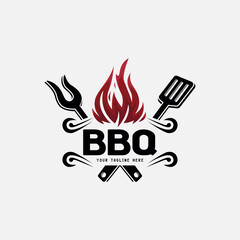 BBQ logo design for barbecue, concept fire flame combining with spatula - obrazy, fototapety, plakaty