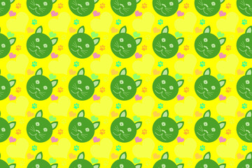 Seamless cute cat face pattern, for wallpaper, gift wrap, yellow background
