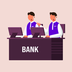 Customer support staff Bank with headphones sitting at tables with monitors. Call center service at Bank. Hotline flat vector illustrations.