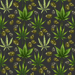 Fototapeta premium 389_cannabis sativa, indica_bong, cigarette, hands_indica, marijuana leaf, cannabis sign on a dark background, symbol, vector, seamless pattern, flower,